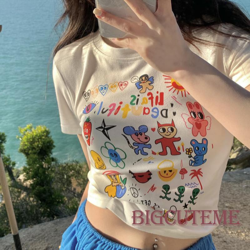 Áo Thun Croptop Tay Ngắn Cổ Tròn Dáng Ôm In Họa Tiết Hoạt Hình Thời Trang Đường Phố Cho Nữ