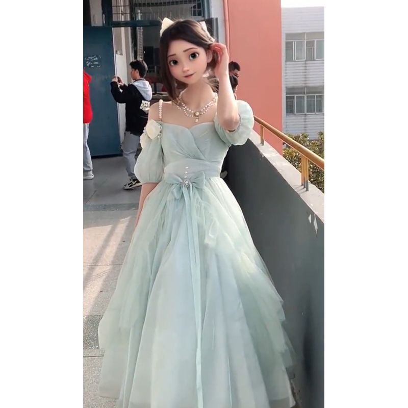 Đầm Công Chúa Tay Phồng Màu Xanh Lá Xinh Xắn Thời Trang Theo Phong Cách Pháp