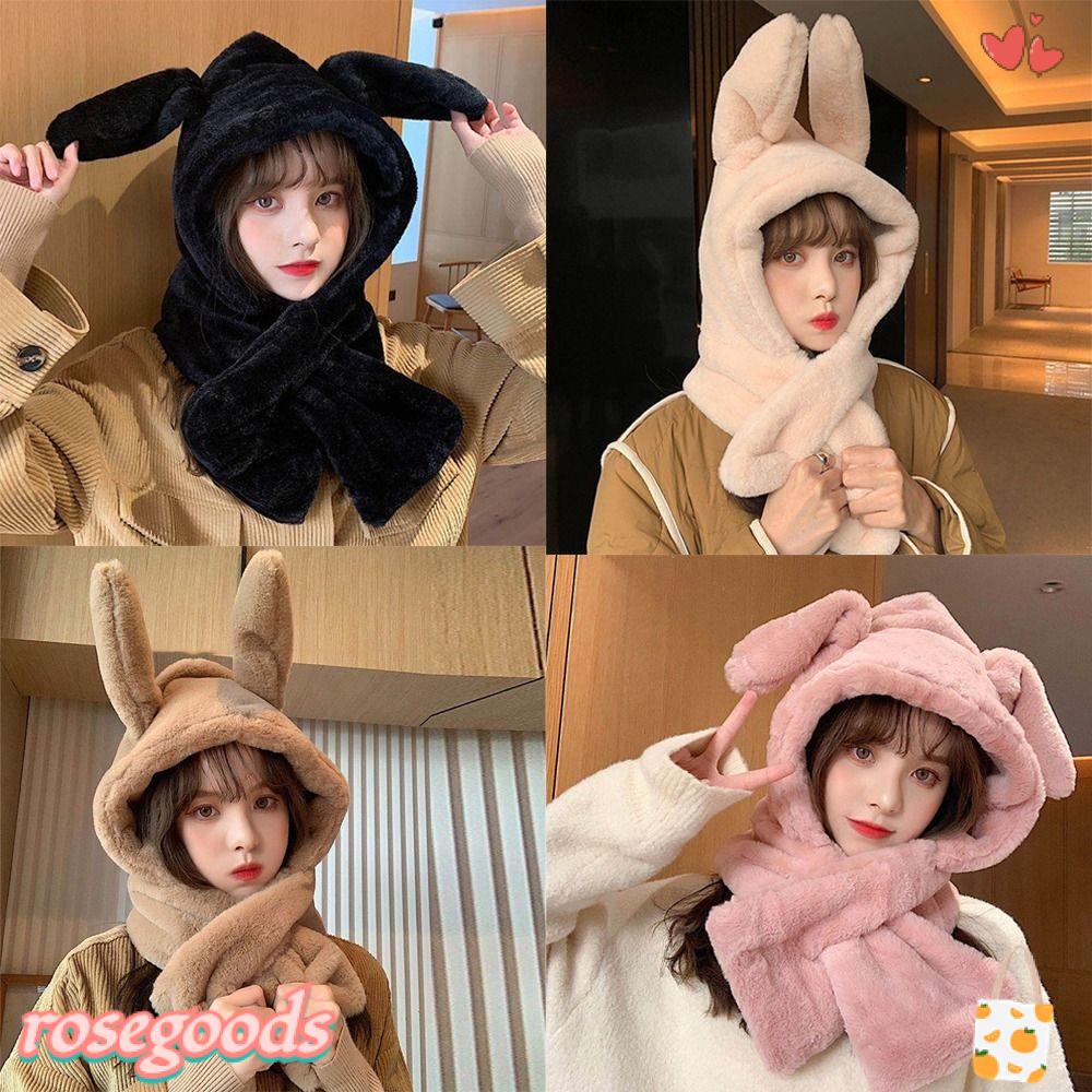 ROSE Mũ Len Tai Thỏ Kèm Khăn Choàng Cổ Dễ Thương Cho Nữ