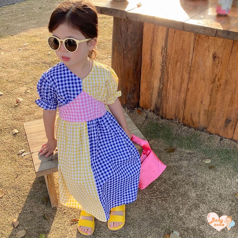 Đầm Công Chúa Tay Ngắn Phồng Cổ Chữ V In Họa Tiết Caro Thời Trang Mùa Hè Hàn Quốc Cho Bé Gái