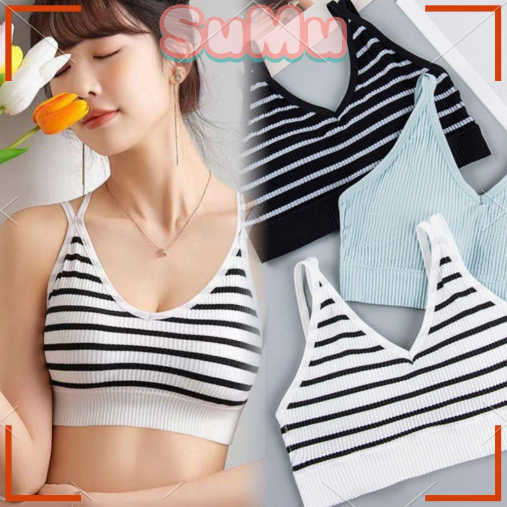 SUMU Áo Lót Tích Hợp Mút Đệm Ngực Hoạ Tiết Kẻ Sọc Lưng Chéo Dây Thời Trang