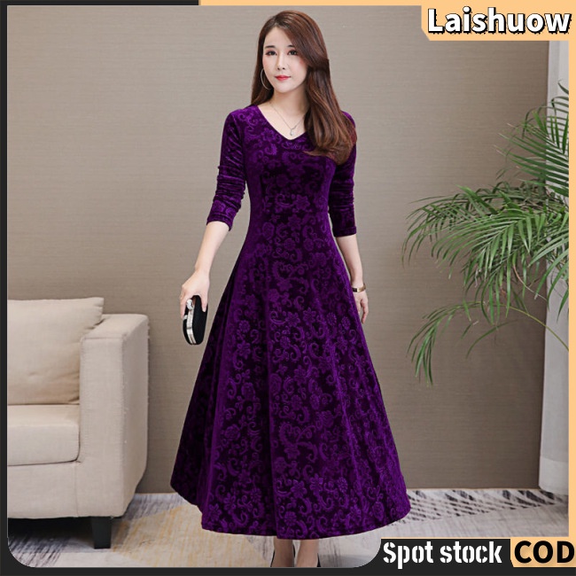 Đầm Nhung Dài Tay Cổ Chữ V Màu Sắc Thanh Lịch Dành Cho Nữ