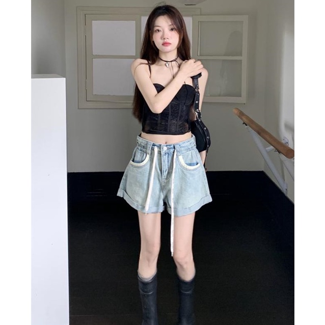 Quần Short Denim Lưng Cao Ống Rộng Thời Trang Cá Tính