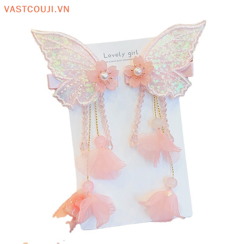 1 Cặp Kẹp Tóc Tua Rua Thêu Hoa Bướm Handmade Thời Trang Cho Nữ