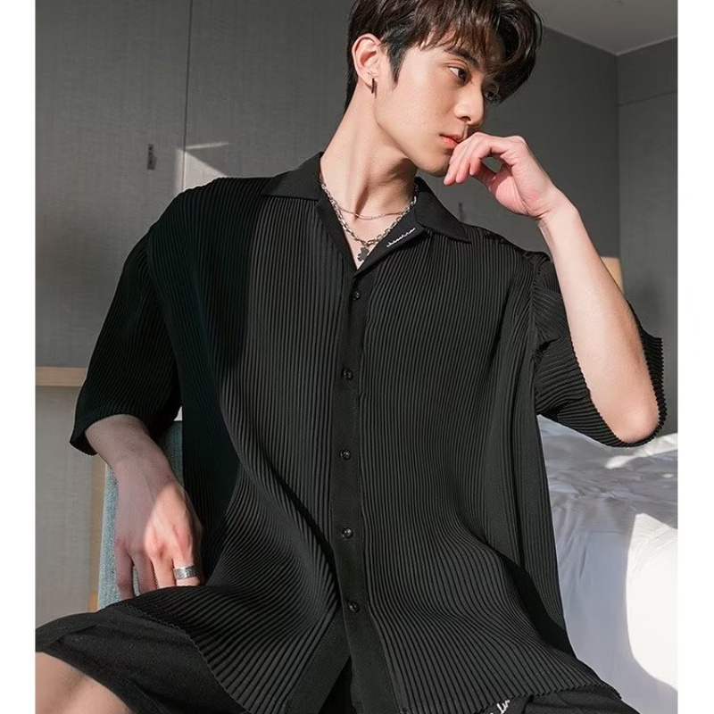 Áo Sơ Mi Nam Tay Lửng Màu Trơn Phong Cách Harajuku Thanh Lịch Thời Trang Mùa Hè