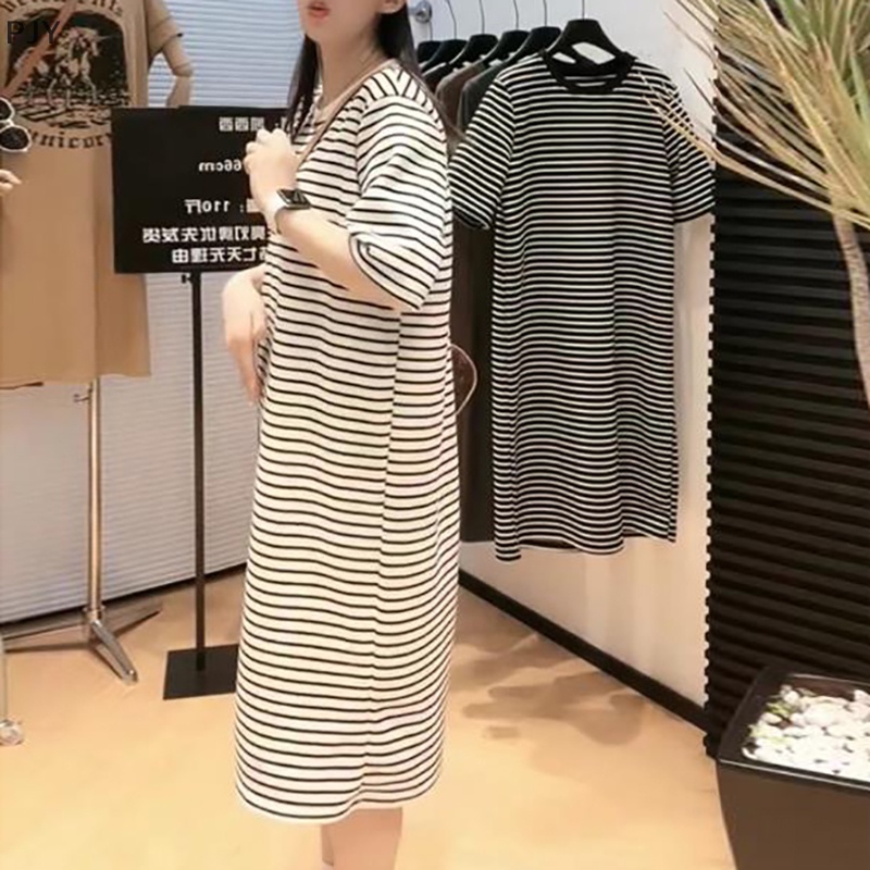 Đầm Dài Cổ Chữ V Kẻ Sọc Khối Màu PJY Thời Trang Mùa Hè Giản Dị Dành Cho Bạn Nữ