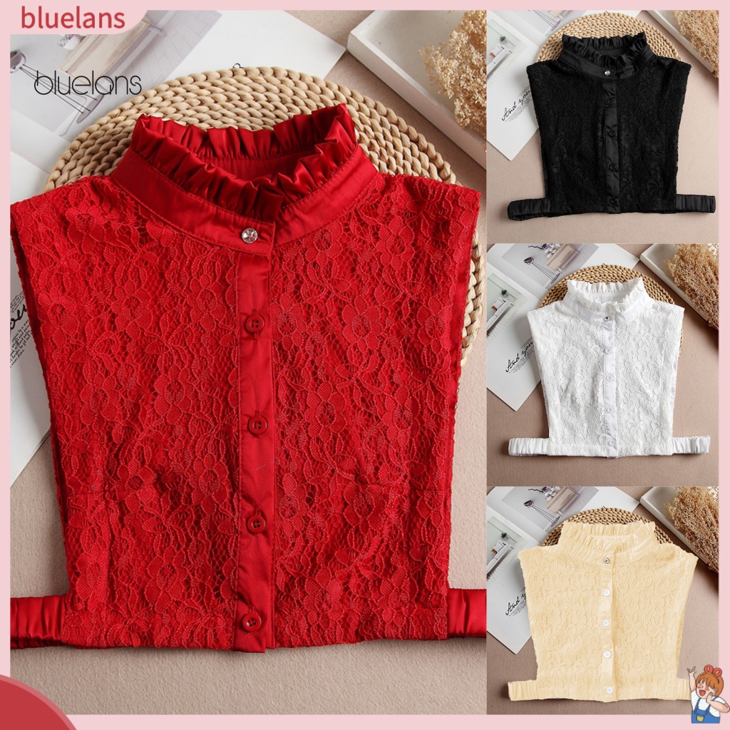 Cổ Áo Sơ Mi Ren Rỗng Màu Trơn Đính Đá Giả Kim Cương Nhân Tạo Cổ Đứng Tháo Rời Được Cho Nữ