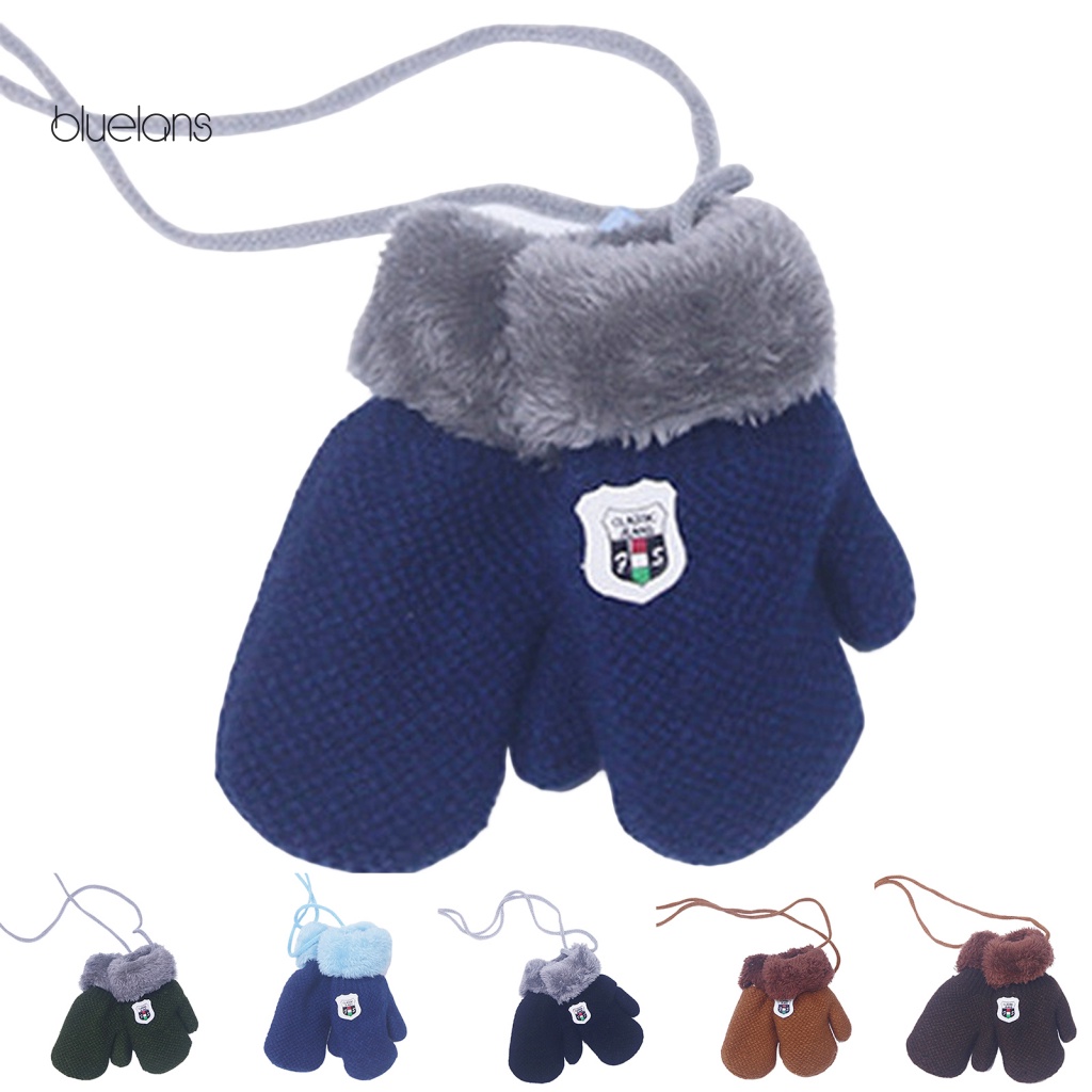 1 Cặp Găng Tay Dệt Kim Bluelans Lót Lông Cừu Dày Chống Gió Màu Trơn In Logo Hoạt Hình Dễ Thương Cho Bé