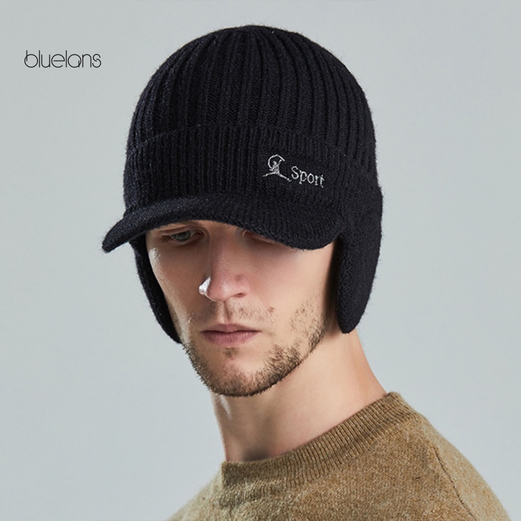 Mũ Lưỡi Trai Dệt Kim In Chữ Có Gân Vành Rộng Bảo Vệ Tai Thời Trang Mùa Đông Cho Nam