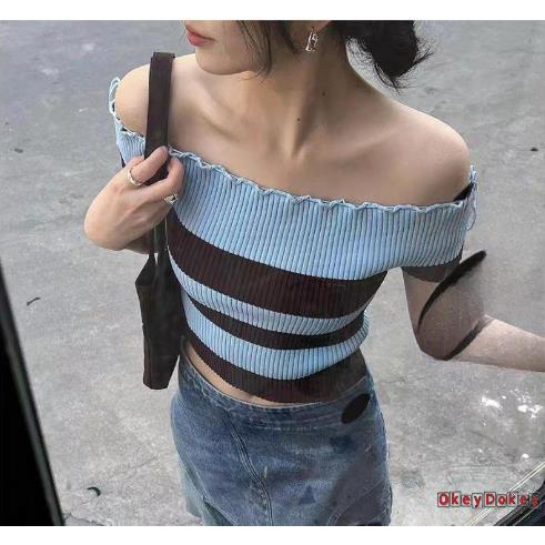 Áo Thun Crop Top Dệt Kim Trễ Vai Tay Ngắn Họa Tiết Kẻ Sọc Cho Nữ