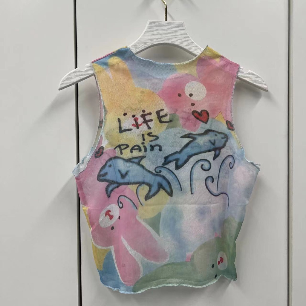 Áo Thun Không Tay Dáng Ôm Họa Tiết Hoạt Hình Nhiều Màu Sắc