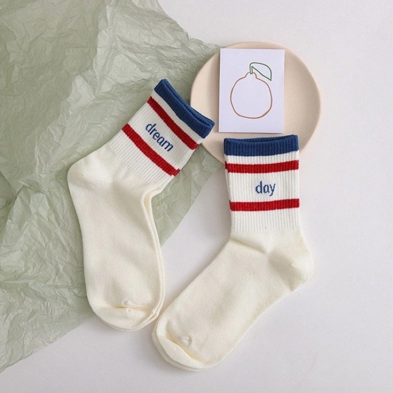 Tất trắng Muzini vớ cổ cao nam nữ thêu họa tiết chữ Dream Day phong cách Hàn Quốc Muzini TN40