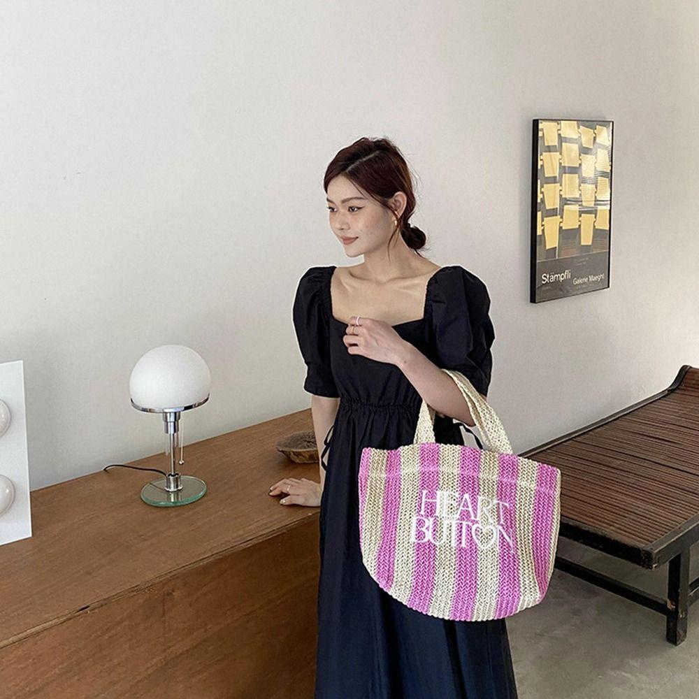 Túi Đeo Vai Đan Rơm Thủ Công Họa Tiết Kẻ Sọc In Chữ Phong Cách Bohemian Dễ Thương Cho Nữ