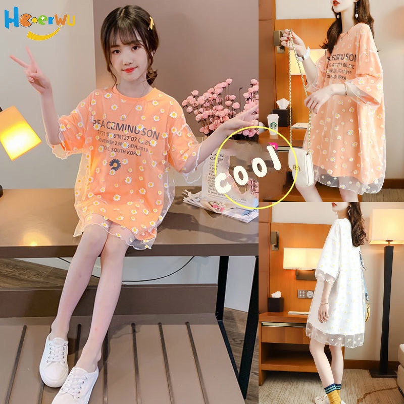 Haoerwu Áo Thun Dáng Rộng Họa Tiết Hoa Cúc Nhỏ Thời Trang Hàn Quốc Cho Mẹ Và Con Gái