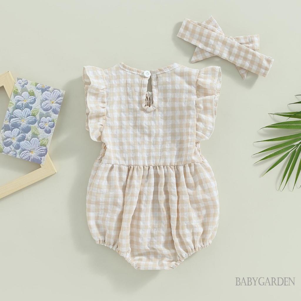 Bộ Áo Liền Quần Tay Ngắn Cổ Thuyền Họa Tiết Sọc Caro + Băng Đô Cài Tóc Thời Trang Mùa Hè Cho Bé Gái 0-18 Tháng Tuổi