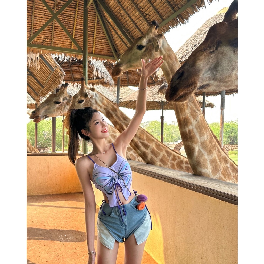 Dopamine Áo Croptop Hai Dây Rút Xếp Ly Ngắn Hình Bướm Gợi Cảm Nóng Bỏng Cho Nữ