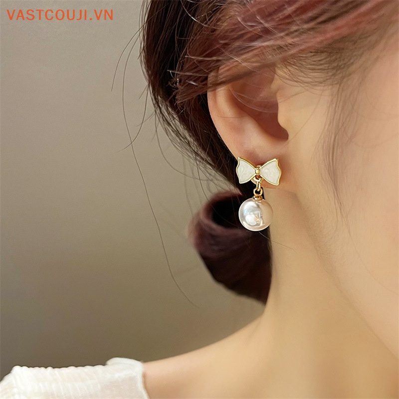 Bông Tai Hình Nơ Đính Ngọc Trai Đơn Giản Thời Trang Cho Nữ