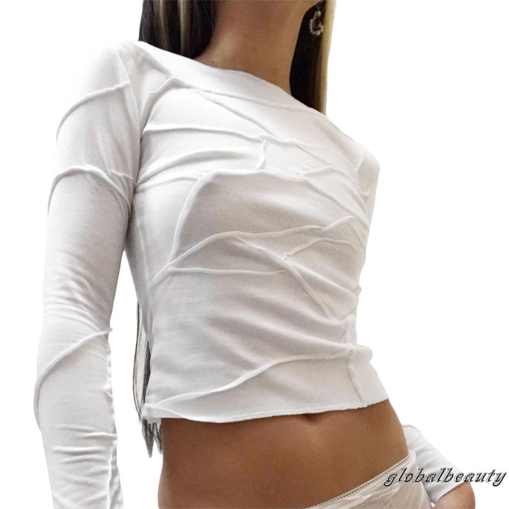 Áo Croptop Tay Dài Cổ Tròn Màu Sắc Đơn Giản Thời Trang Đường Phố Cho Nữ