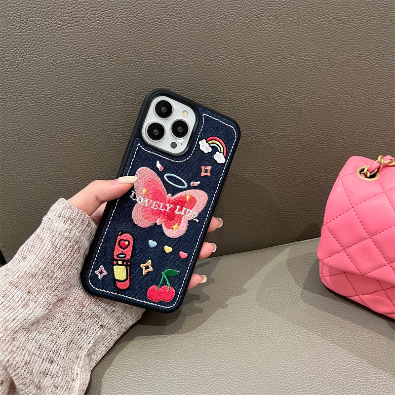 Ốp Điện Thoại Vải Denim Mềm Thêu Hình Trái Tim / Bướm Sang Trọng Chống Sốc / Rơi Cho iPhone 14 13 12 11 Pro Max 14 Plus