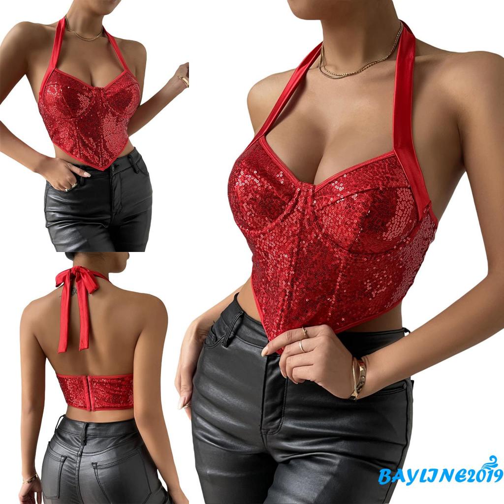 Áo Croptop Hai Dây Hở Lưng Dáng Ôm Đính Kim Sa Lấp Lánh Thời Trang Mùa Hè Dành Cho Bạn Nữ