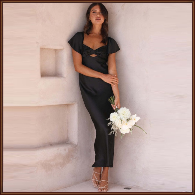 Đầm Midi Tay Ngắn Cổ Trái Tim Màu Sắc Trơn Thiết Kế Tinh Tế Thời Trang Cho Nữ