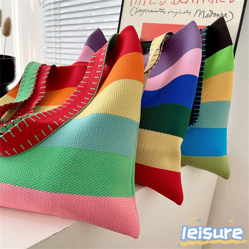 LEISURE Túi Xách Đan Len Mini Màu Cầu Vồng Thời Trang Cho Nữ