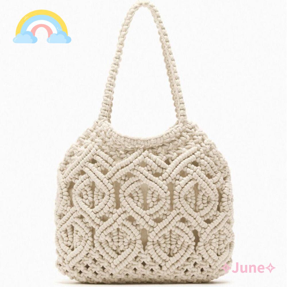 JUNE Túi Đeo Vai Bằng Rơm Cotton Thiết Kế Đục Lỗ Phối Dây Thừng Nhỏ Xinh Thời Trang Cho Nữ