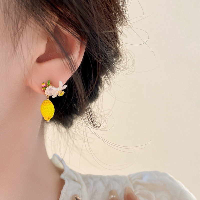 Bông Tai Xi Mạ Bạc Hình Quả Chanh / Hoa Đính Kim Cương Giả Dễ Thương