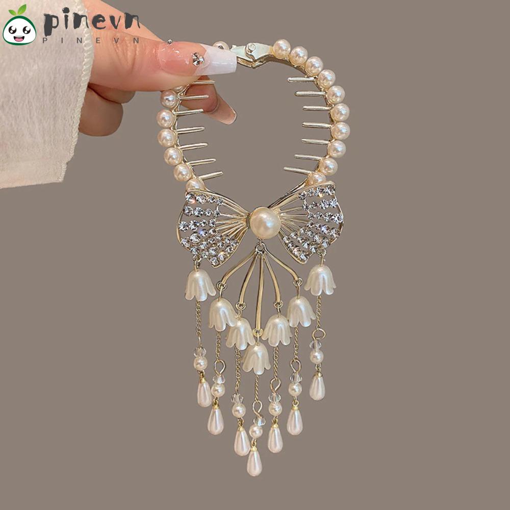 PINEVN Kẹp Tóc Càng Cua Đính Đá Pha Lê Tua Rua Hình Hoa Lan Phong Cách Retro Cho Nữ