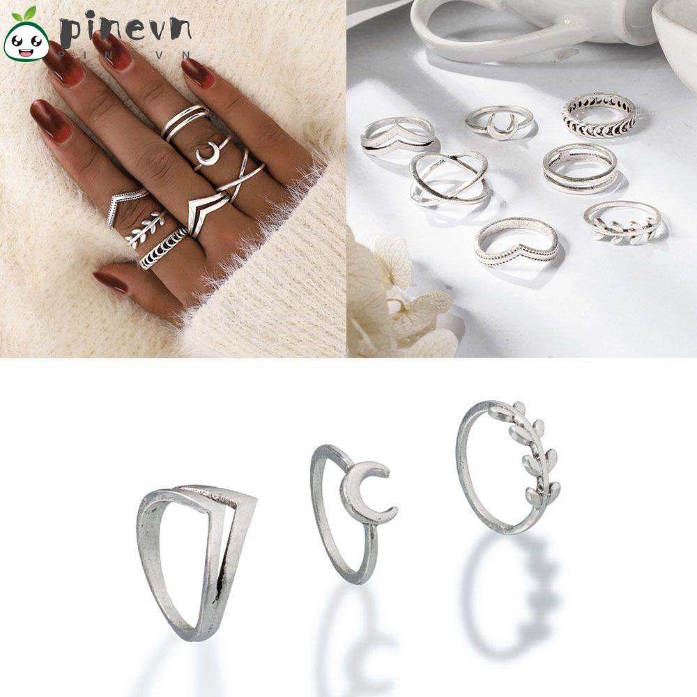 PINEVN Set 7 Nhẫn Bạc Đeo Đốt Ngón Tay Nhiều Màu Sắc Thời Trang