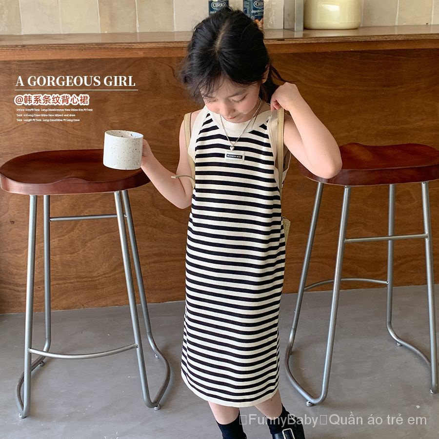 Đầm Không Tay 100% Cotton Họa Tiết Kẻ Sọc Thời Trang Mùa Hè 2023 Mới Cho Bé Gái
