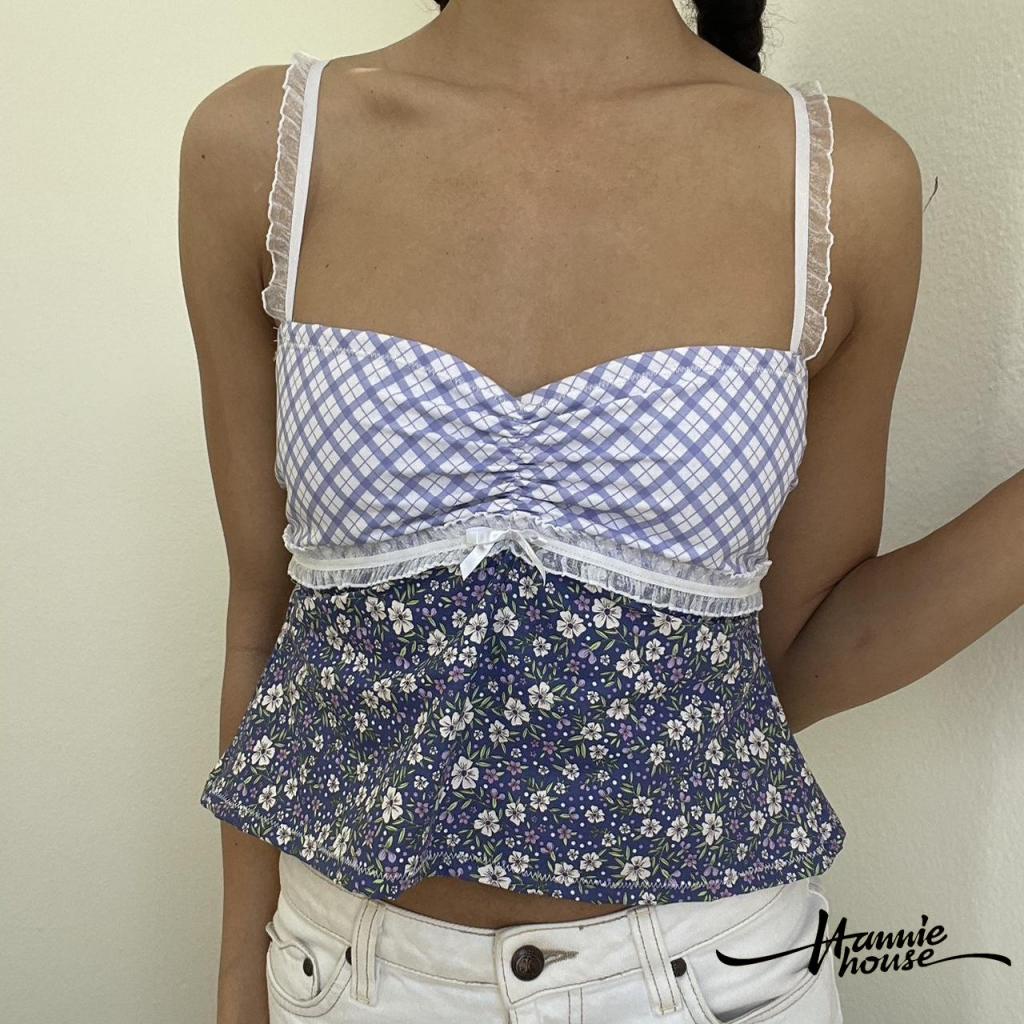 Hannie-áo Yếm In Hoa Kẻ Sọc Phối Ren Thời Trang Mùa Hè Cho Nữ