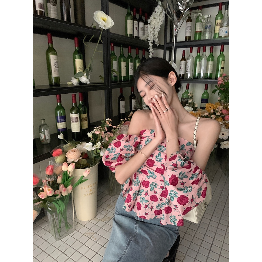 Áo Kiểu Tay Phồng Trễ Vai Họa Tiết Hoa Ngọt Ngào Thời Trang Cho Nữ