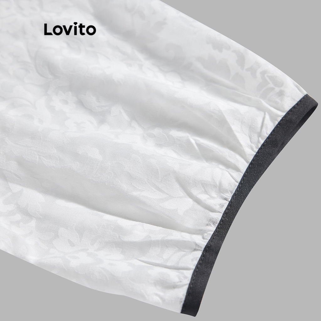 Lovito Áo sơ mi tay phồng có cổ áo màu trơn đơn giản tương phản cho nữ L55AD018 (Màu trắng ngà)