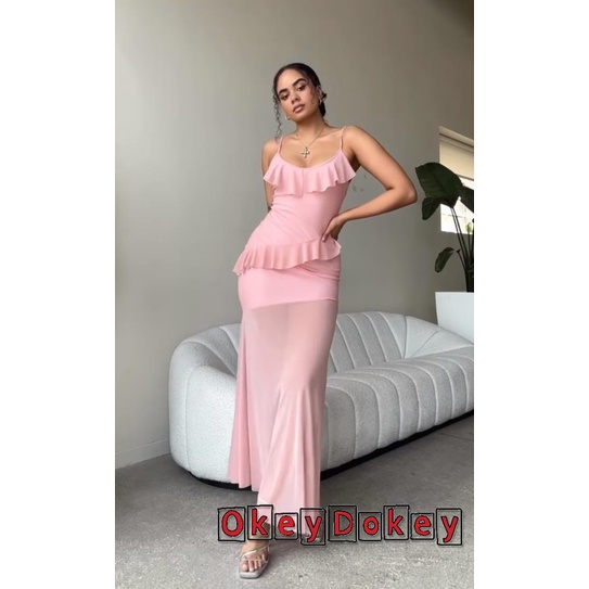 Đầm Dài Ôm Dáng Hai Dây Phối Lưới Màu Trơn Thời Trang Mùa Hè Cho Nữ