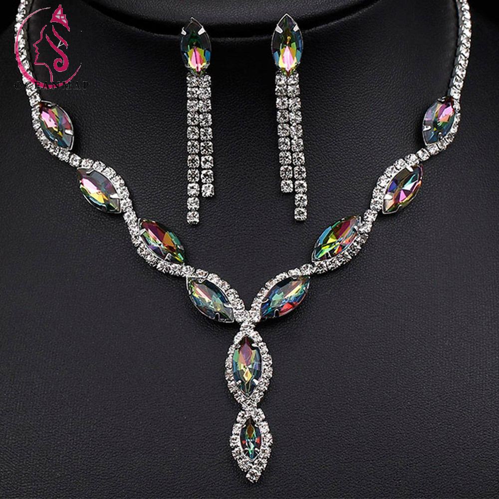 OCEANMAP Bộ Vòng cổ + Bông Tai HìNh GiọT NướC ĐíNh Đá Sang TrọNg