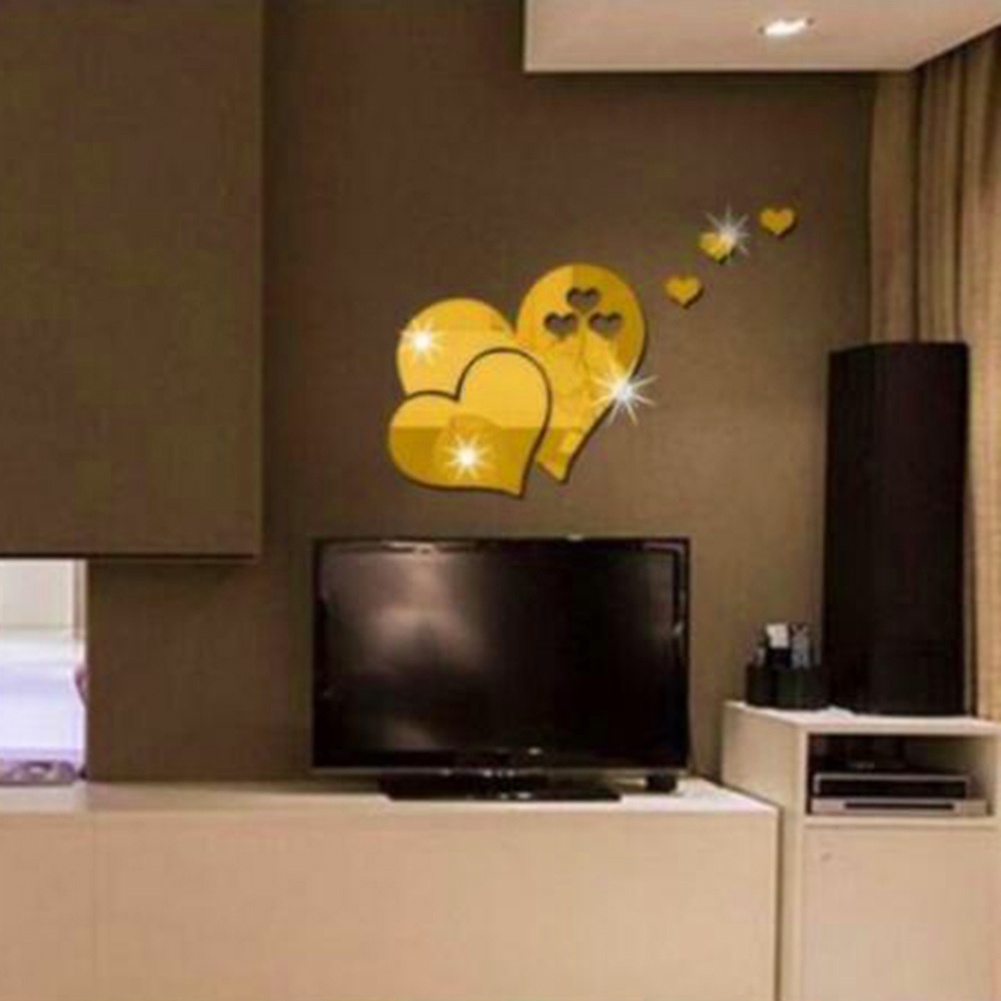 Đề Can Acrylic Hình Trái Tim 3D Tráng Gương Dán Tường Trang Trí Phòng Khách