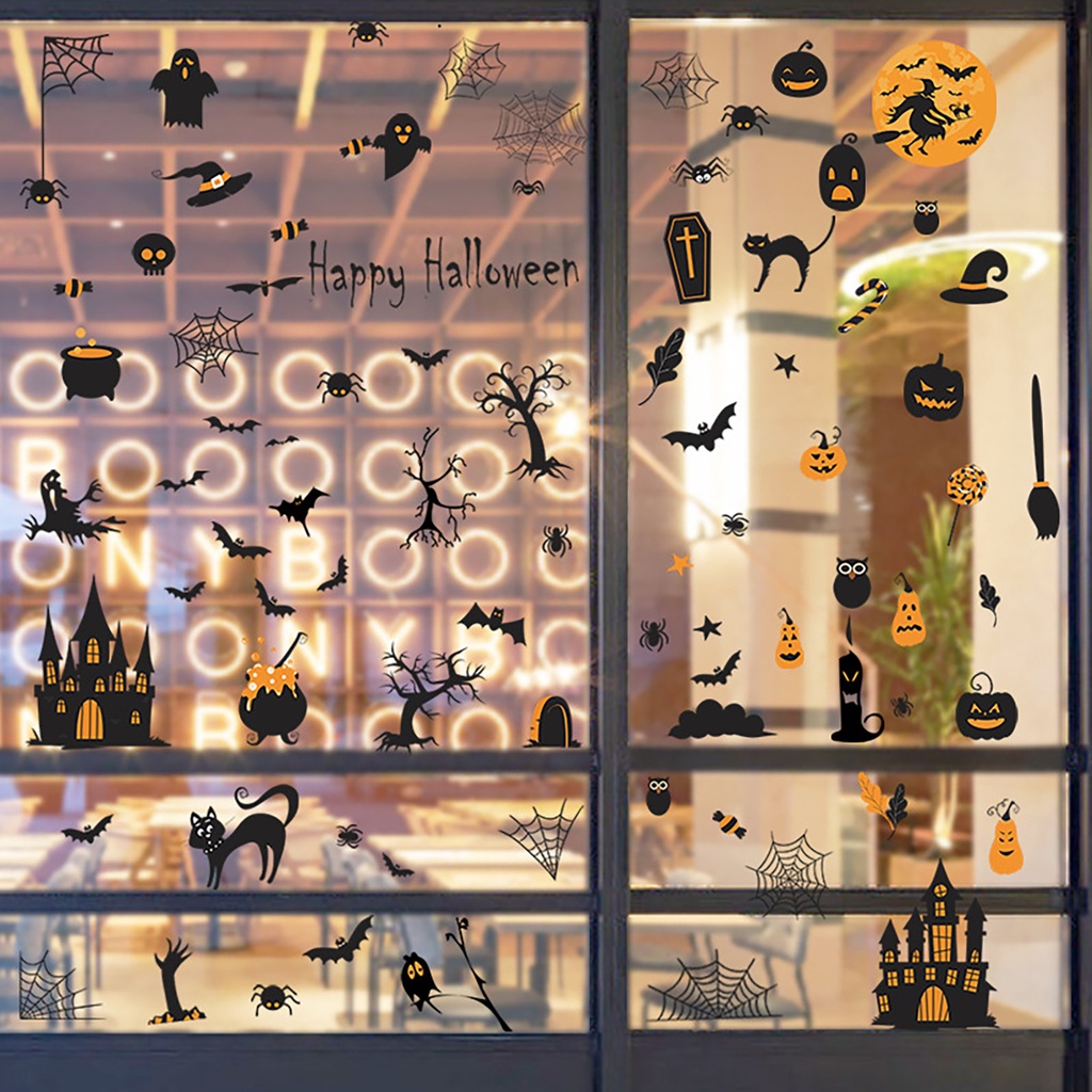 1 Bộ Nhãn Dán Tường Trong Suốt In Họa Tiết Bí Ngô Dơi Nhện Phù Thủy Có Thể Tháo Rời Trang Trí Nhà Cửa