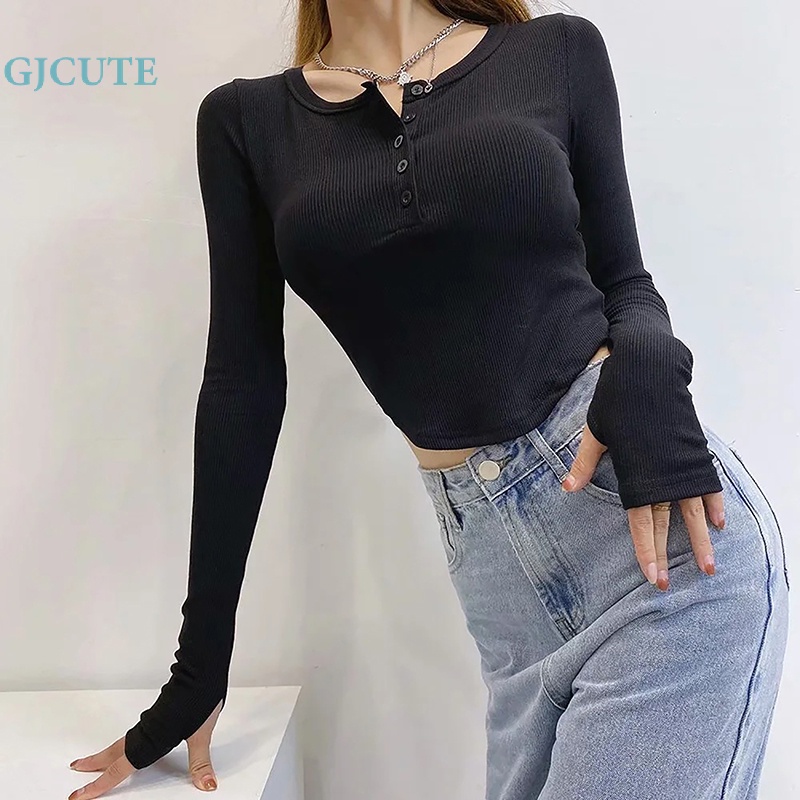 Áo Thun Tay Dài Cổ Tròn Màu Trơn Cài Nút Thời Trang Mùa Hè Quyến Rũ Cho Nữ