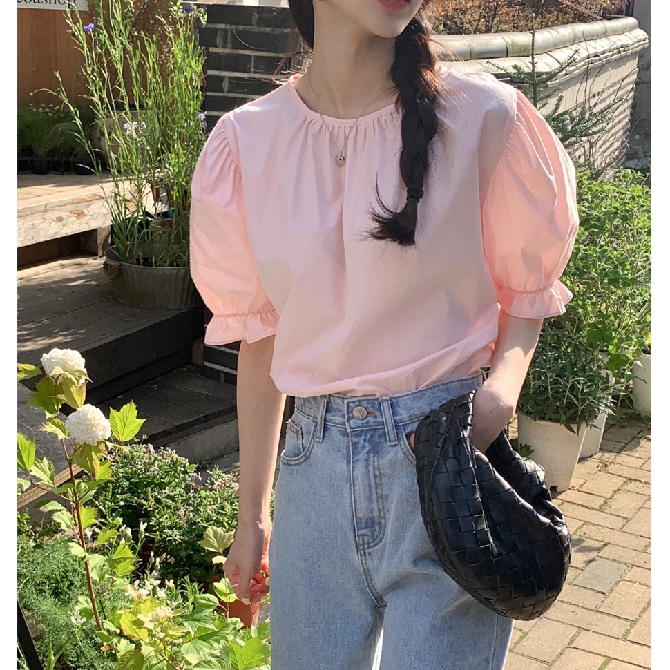 SUXI Áo Sơ Mi Tay Phồng Ngắn Màu Sắc Ngọt Ngào Phong Cách Hàn Quốc