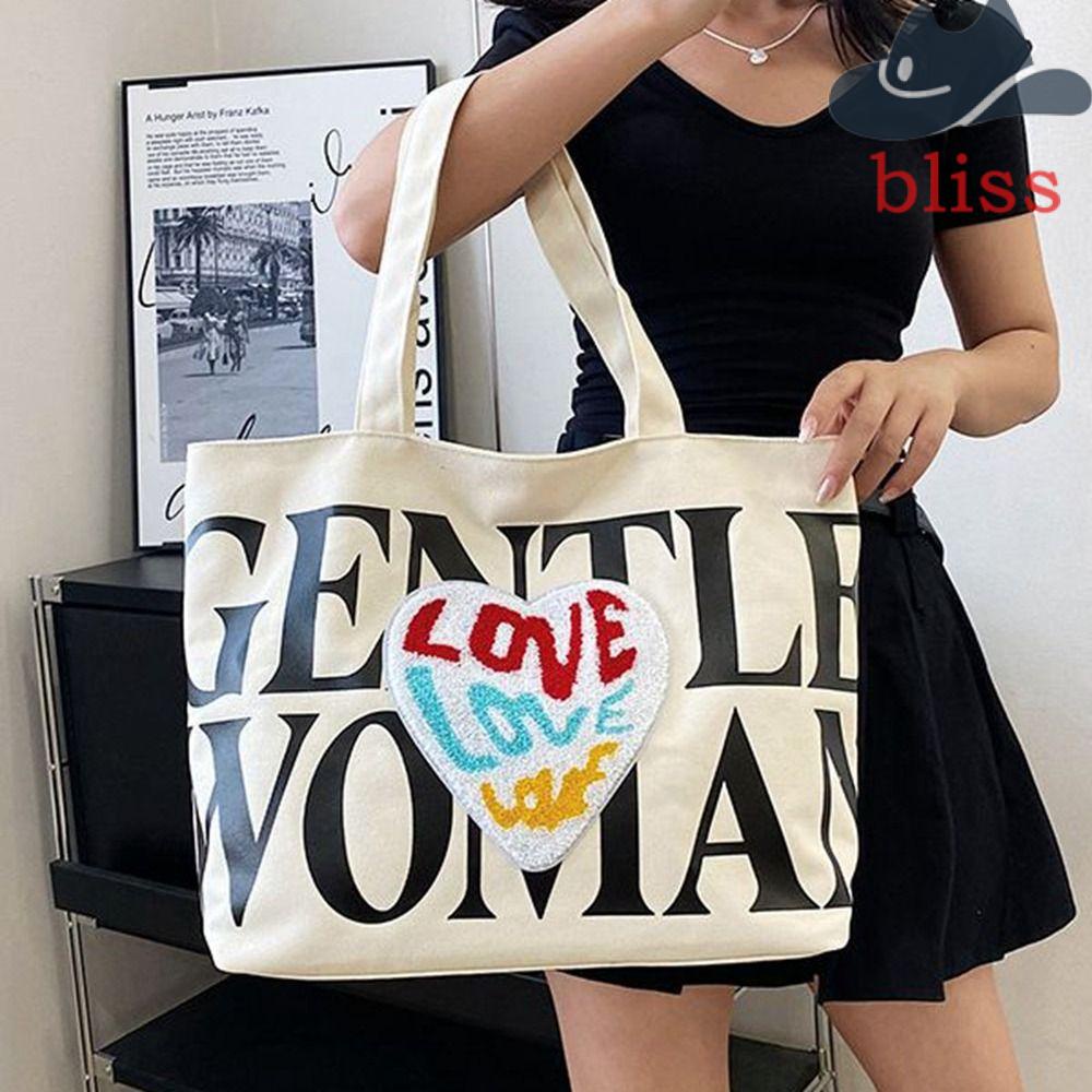 BLISS Túi Xách Canvas Sức Chứa Lớn In Họa Tiết Trái Tim Đơn Giản Cho Nữ