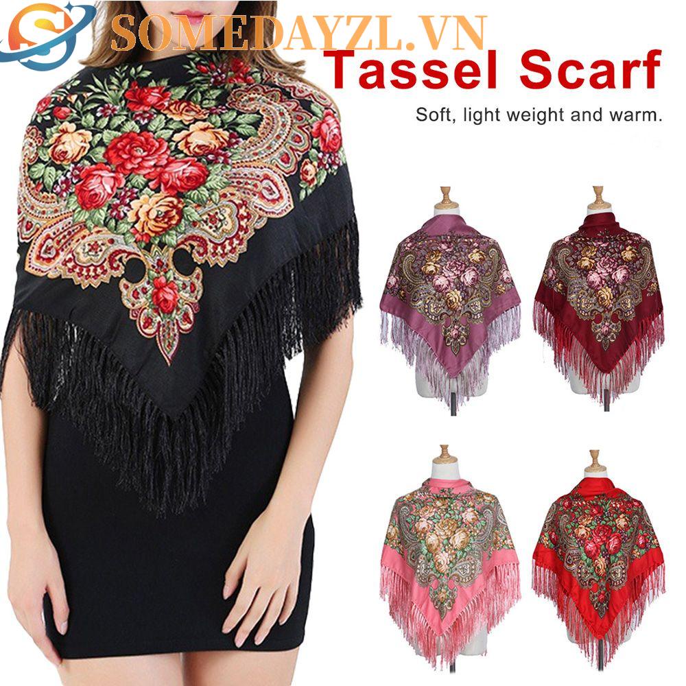 SOMEDAYZL Khăn Choàng Pashmina Dáng Dài In Họa Tiết Phong Cách Nga Cỡ Lớn Phối Tua Rua Thời Trang Cho Nữ