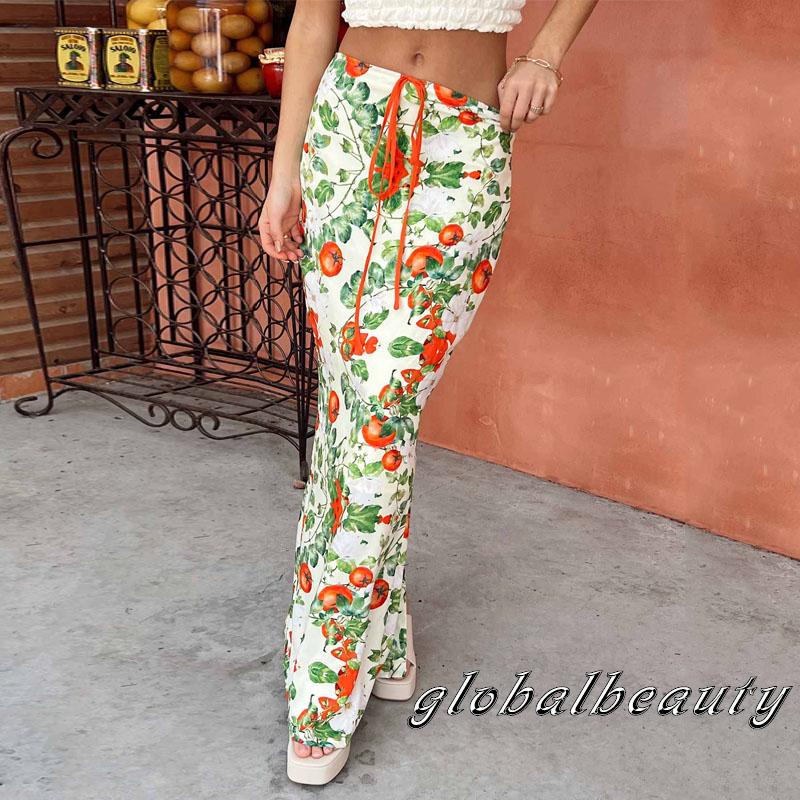 Chân Váy Bút Chì Dáng Dài In Họa Tiết Lá Cà Chua Phối Dây Rút Thời Trang Mùa Hè Cho Nữ