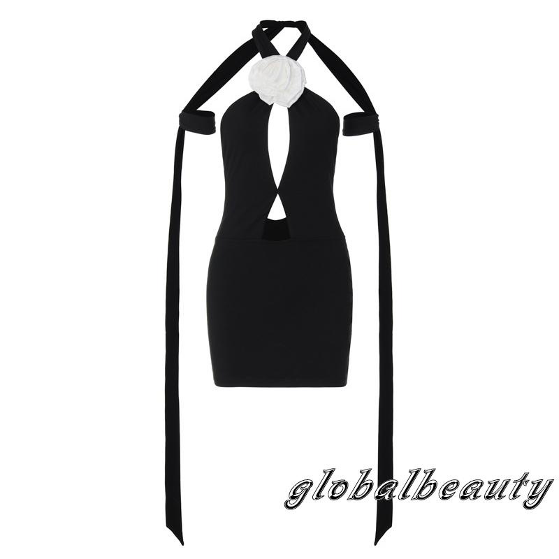 Đầm Mini Ôm Dáng Không Tay Cổ Chéo Họa Tiết Hoa Khoét Rỗng Có Dây Đeo Trang Trí Cho Nữ