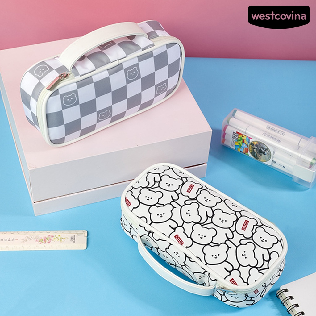 [WSTN]✎Túi Đựng Bút Bằng Vải Có Tay Cầm Và Khóa Kéo Phong Cách Cổ Điển