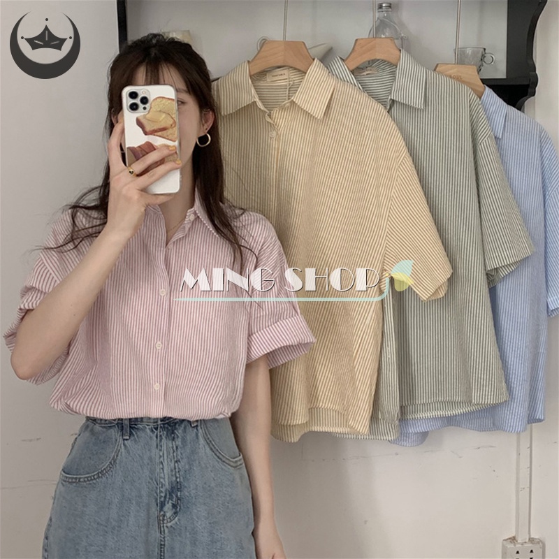 Áo Sơ Mi Ngắn Tay Họa Tiết Sọc Thời Trang Dành Cho Nữ