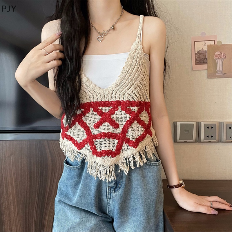 Áo Dệt Kim Không Tay Cổ Chữ V Phối Tua Rua Thời Trang Mùa Hè Vintage Dành Cho Nữ PJ