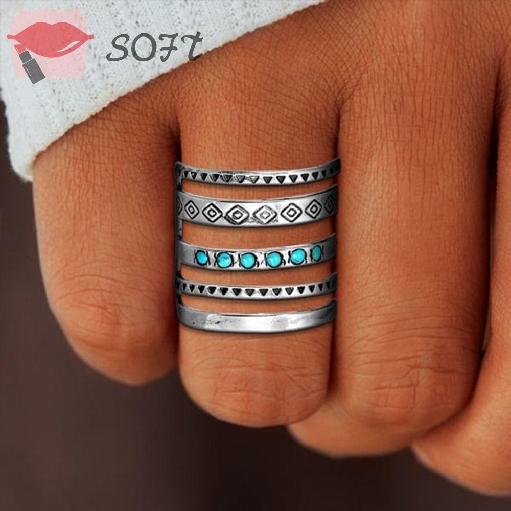 SOFTNESS Set 2 Nhẫn Hở Chạm Khắc Đính Đá Ngọc Lam Phong Cách Bohemian Thanh Lịch Thích Hợp Làm Quà Cưới Cho Bạn Gái