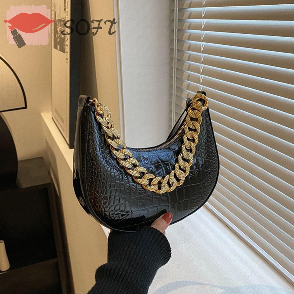 SOFTNESS Túi Đeo Chéo Màu Trơn Sức Chứa Lớn Có Khóa Kéo Và Dây Đeo Sợi Xích Thời Trang Cho Nữ