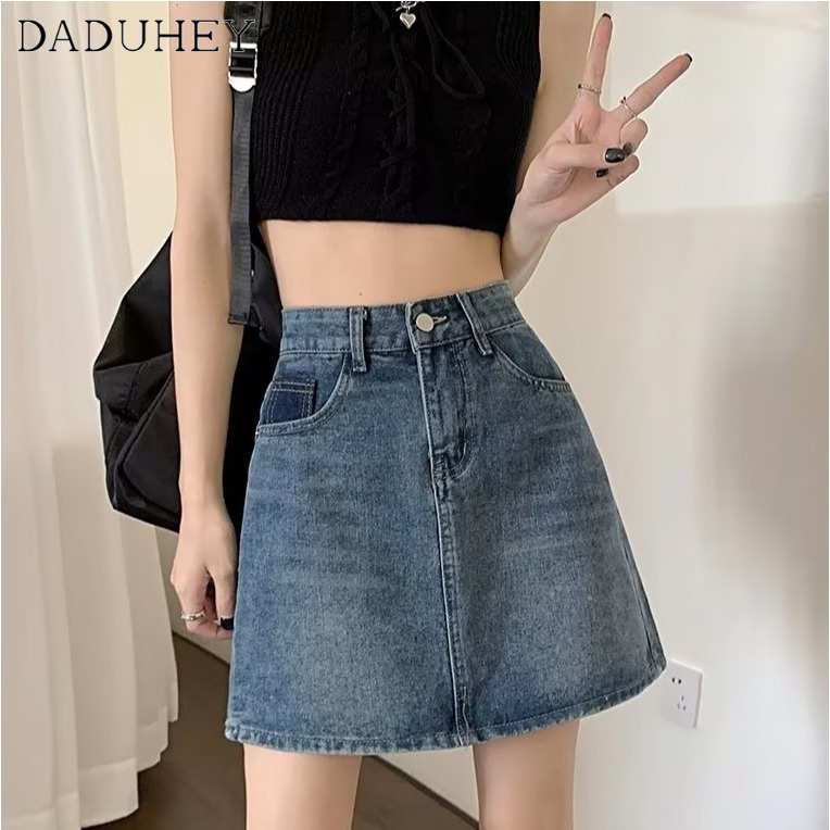 Chân váy denim DADUHEY ôm hông kiểu chữ A cạp cao retro mỏng thời trang phong cách Hàn Quốc